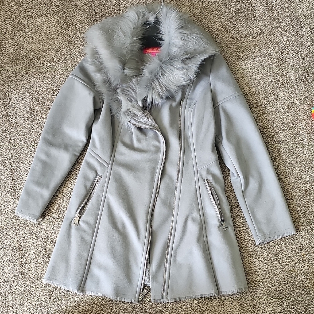 Catherines Gray Teddy Jacket with Plush Faux Fur Collar